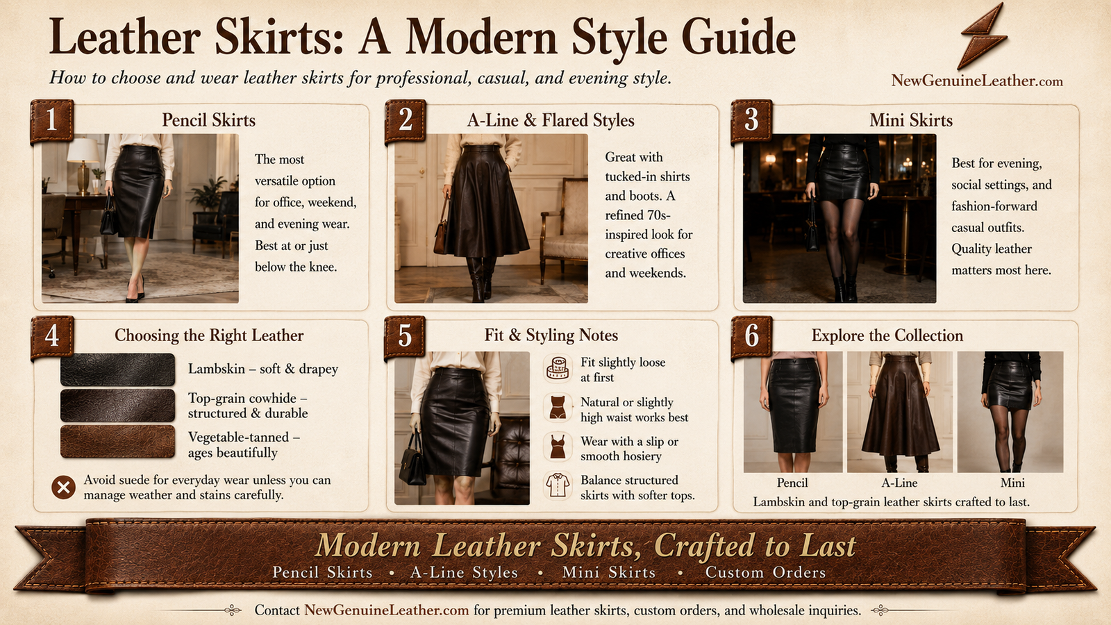 Leather skirts style guide showing pencil skirts, A-line leather skirts, mini skirts, fit tips, and leather choices