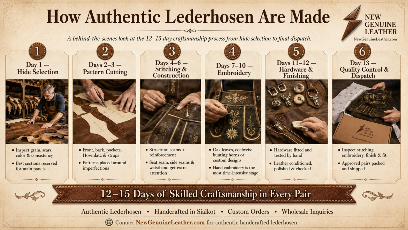 Infographic showing how authentic lederhosen are made from hide selection to quality control and dispatch