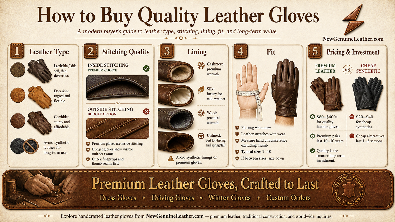 Guide showing how to buy quality leather gloves based on leather type, stitching, lining, fit, and price