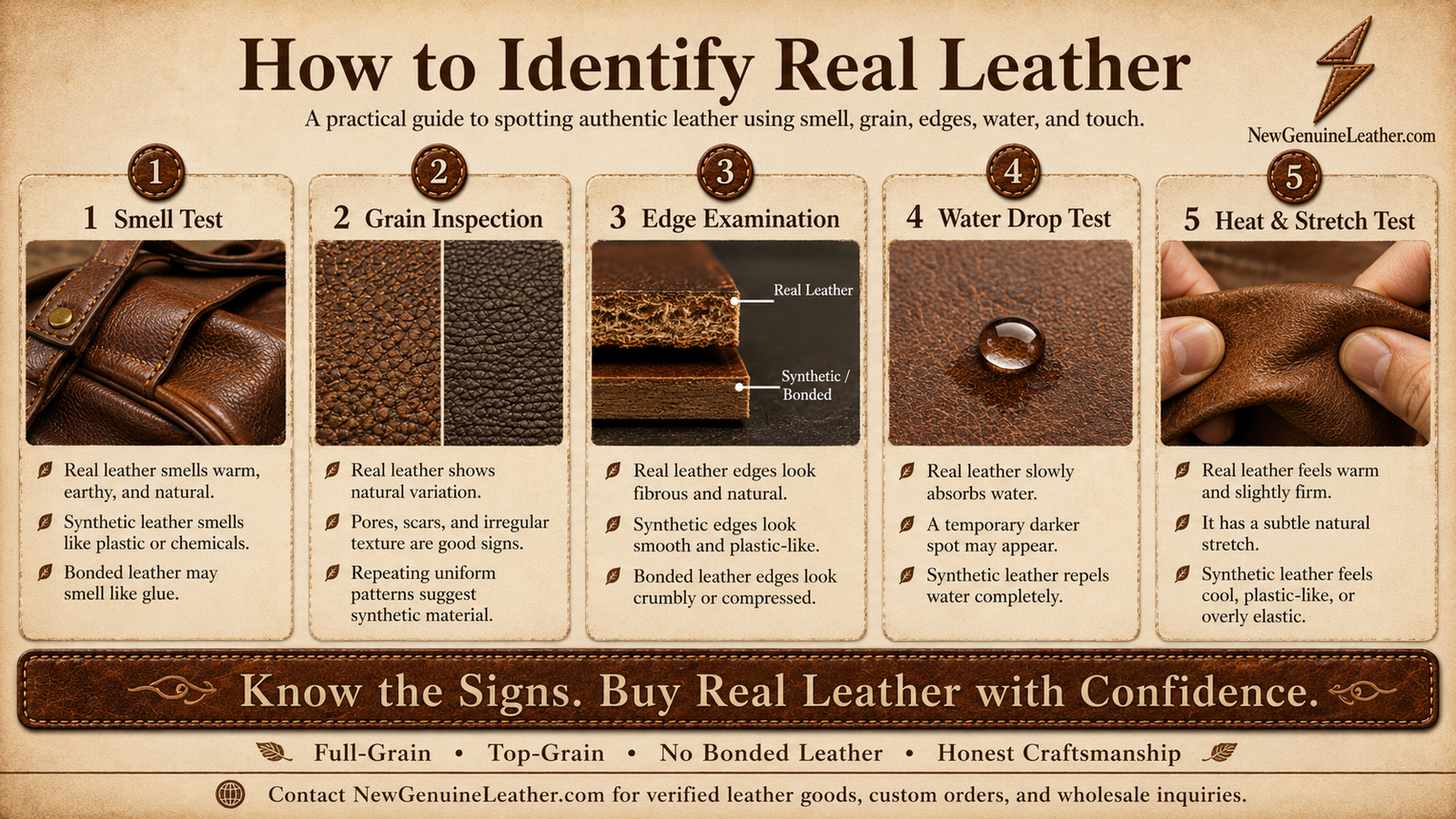 nfographic showing five tests to identify real leather using smell, grain, edge, water drop, and stretch