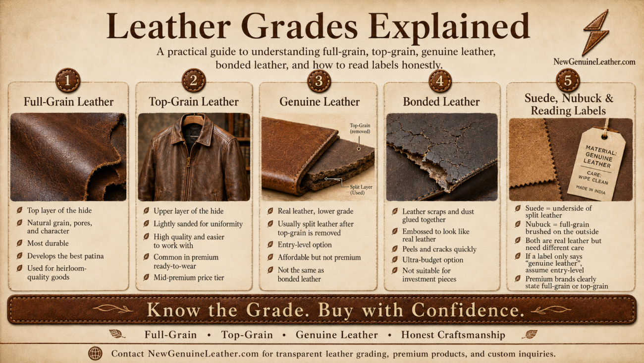 Infographic explaining leather grades including full-grain, top-grain, genuine leather, bonded leather, suede, and nubuck