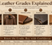 Infographic explaining leather grades including full-grain, top-grain, genuine leather, bonded leather, suede, and nubuck