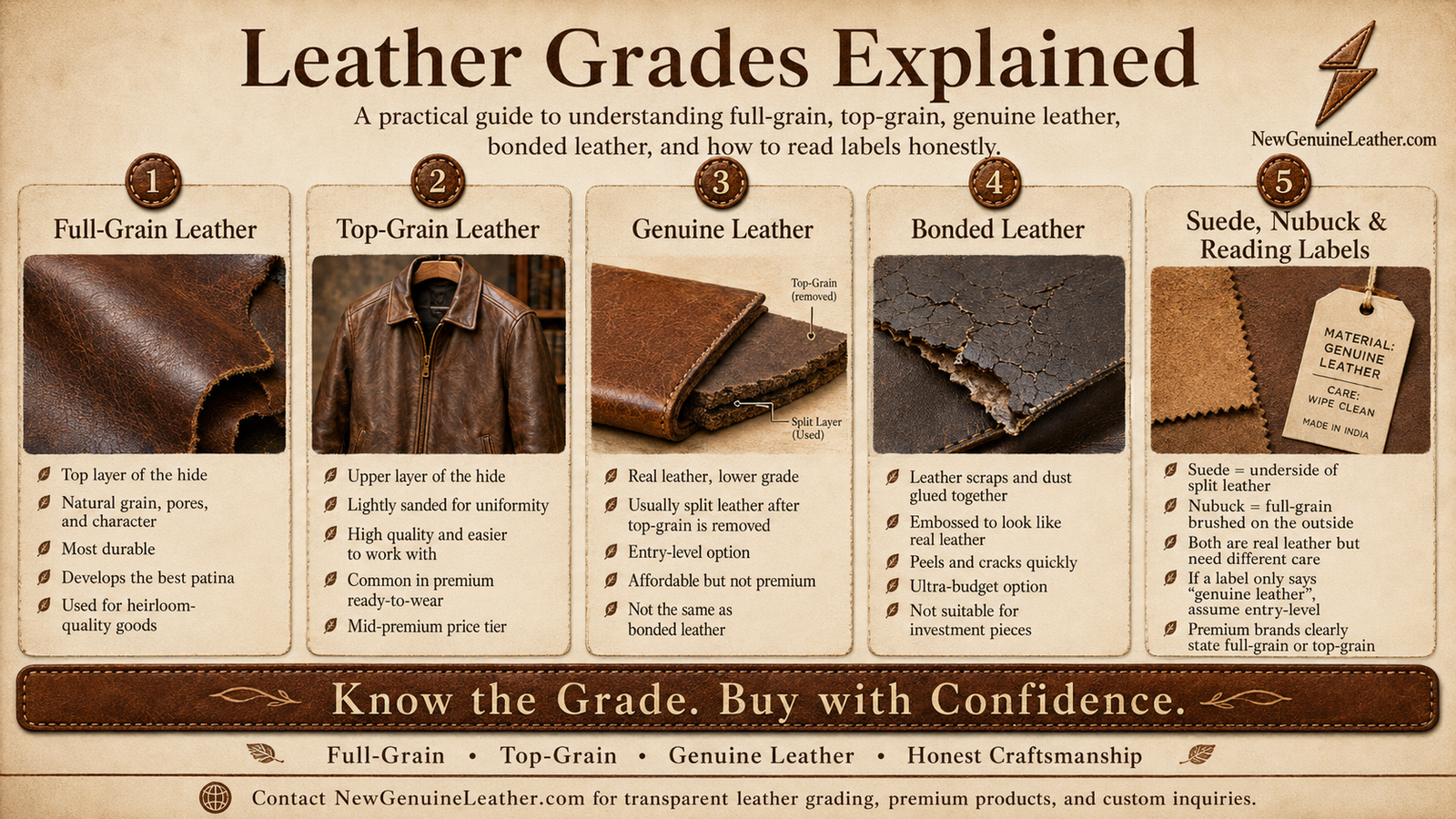 Infographic explaining leather grades including full-grain, top-grain, genuine leather, bonded leather, suede, and nubuck