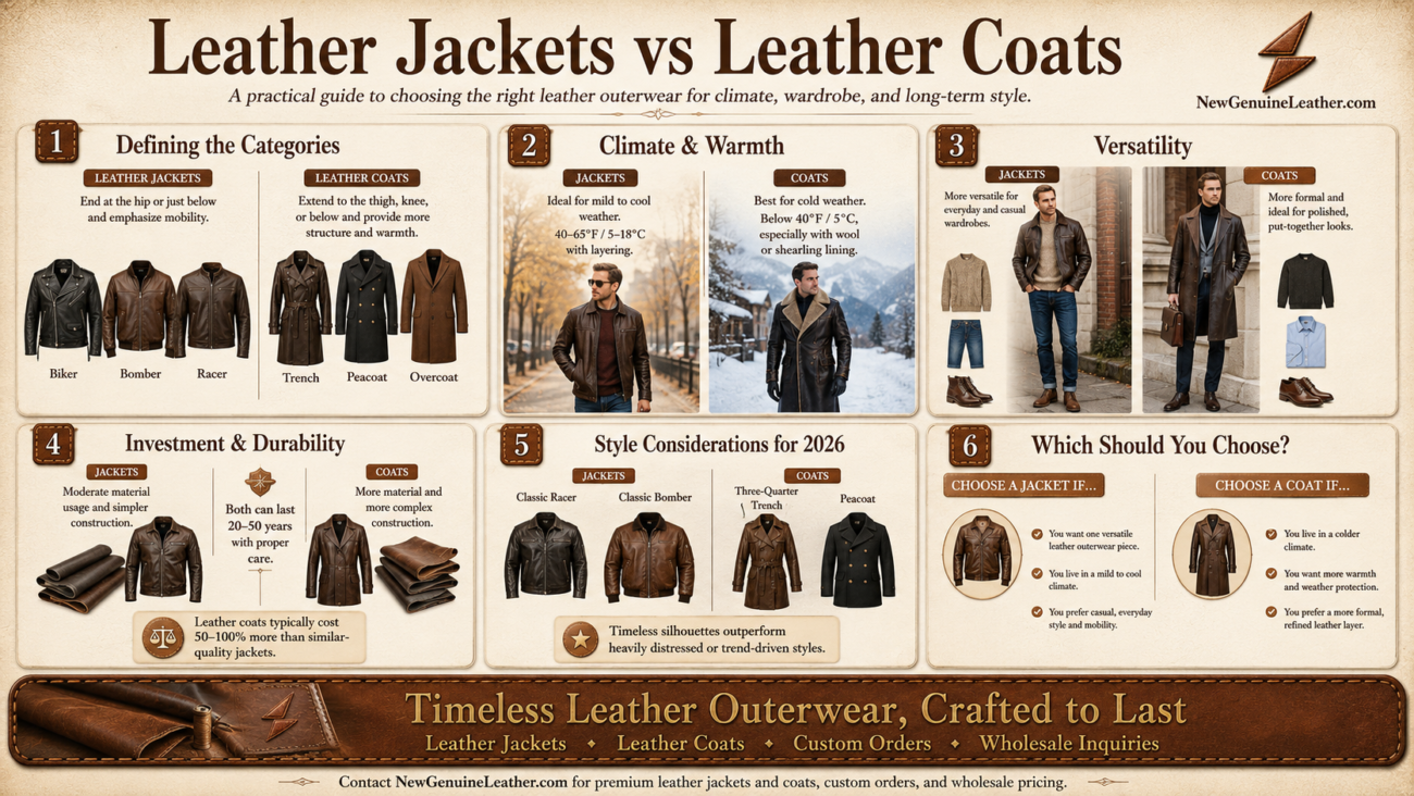 Comparison guide showing leather jackets vs leather coats for warmth, versatility, style, and investment value