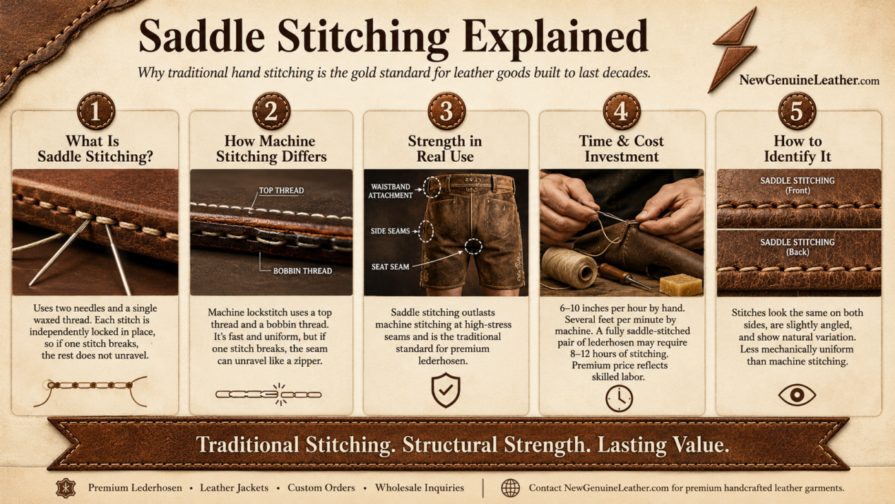Infographic explaining saddle stitching, machine stitching differences, strength, cost, and identification in leather goods