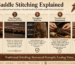 Infographic explaining saddle stitching, machine stitching differences, strength, cost, and identification in leather goods