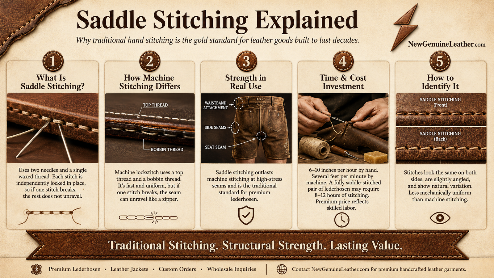 Infographic explaining saddle stitching, machine stitching differences, strength, cost, and identification in leather goods