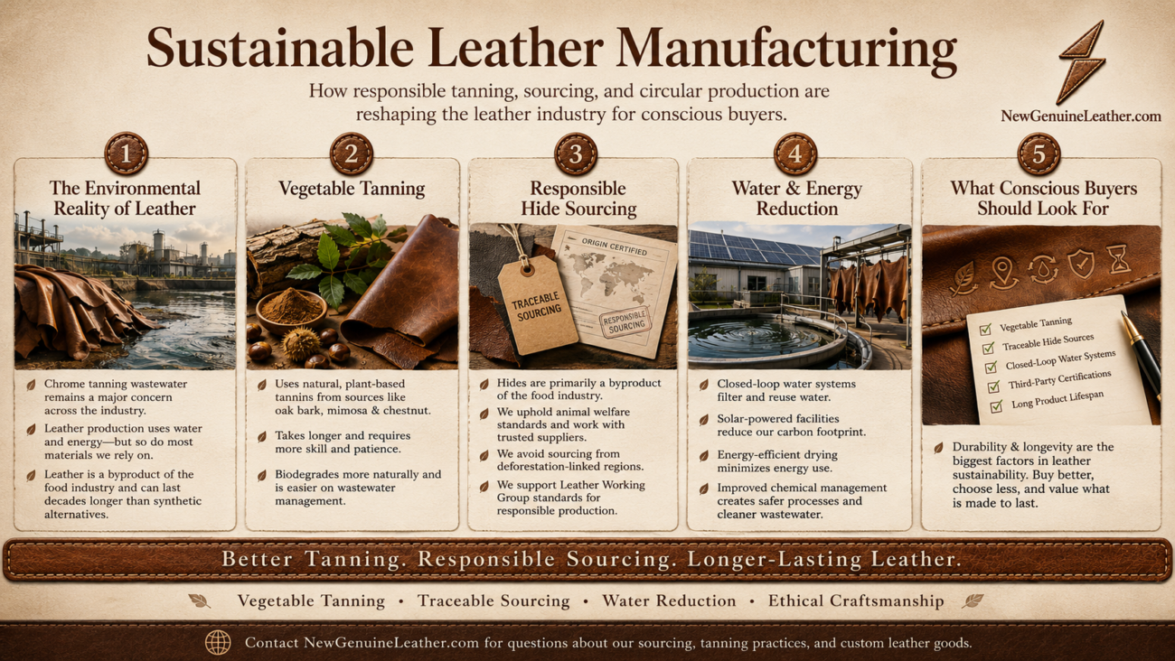 Infographic showing sustainable leather manufacturing with vegetable tanning, responsible sourcing, water reduction, and conscious buyer tips