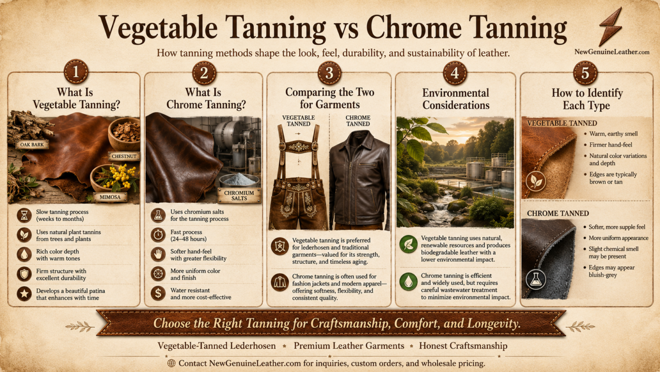 Infographic comparing vegetable tanning vs chrome tanning for leather quality, feel, durability, sustainability, and identification
