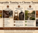 Infographic comparing vegetable tanning vs chrome tanning for leather quality, feel, durability, sustainability, and identification