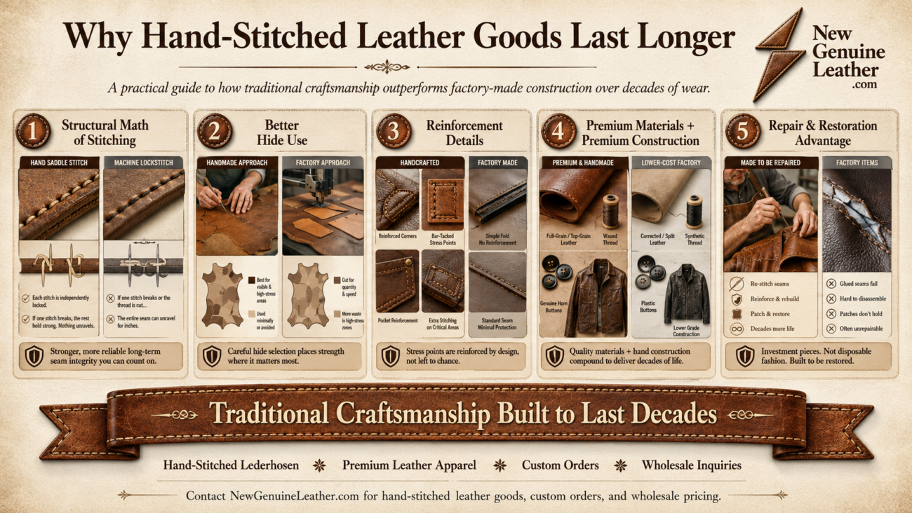 Infographic explaining why hand-stitched leather goods last longer through saddle stitching, better hide use, reinforcement, premium materials, and repairability