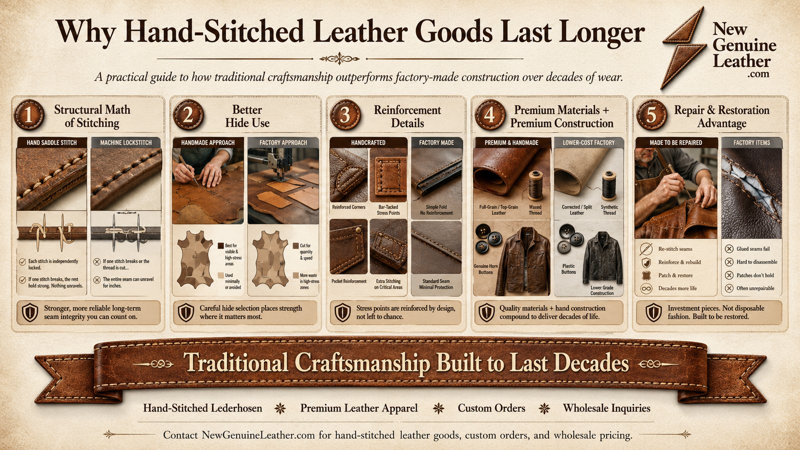 Infographic explaining why hand-stitched leather goods last longer through saddle stitching, better hide use, reinforcement, premium materials, and repairability