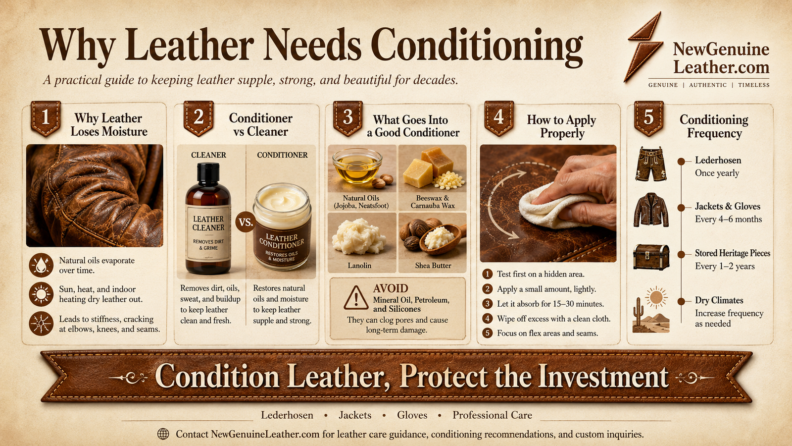 Leather conditioning guide showing why leather loses moisture, conditioner vs cleaner, ingredients, application steps, and conditioning frequency