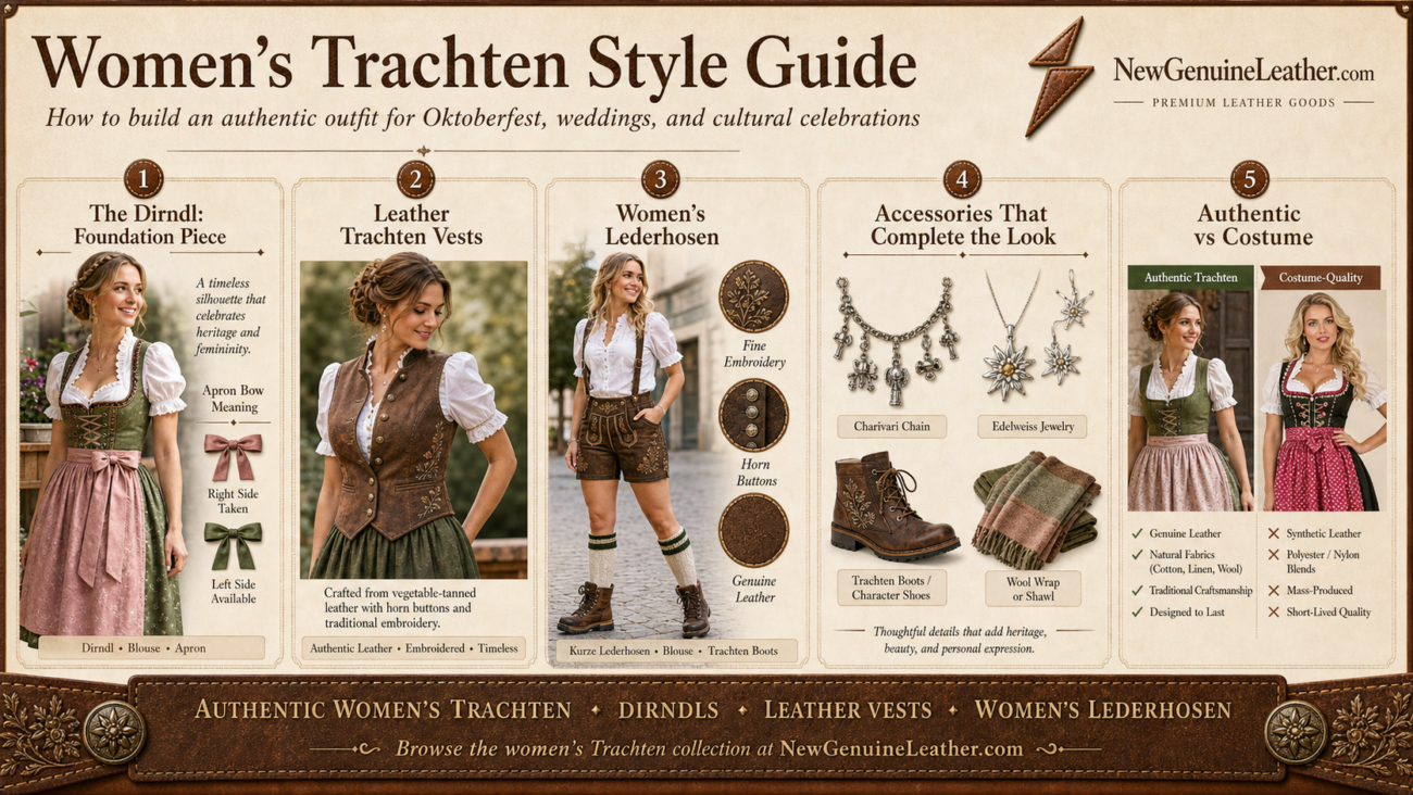 Women’s Trachten style guide showing dirndl, leather vest, women’s lederhosen, and traditional accessories