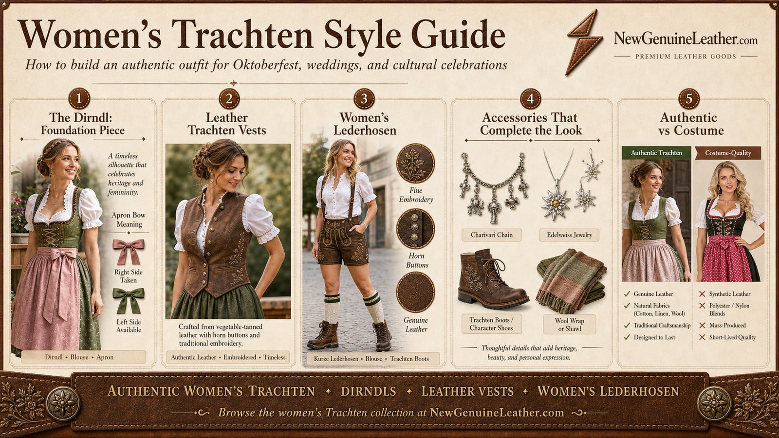 Women’s Trachten style guide showing dirndl, leather vest, women’s lederhosen, and traditional accessories