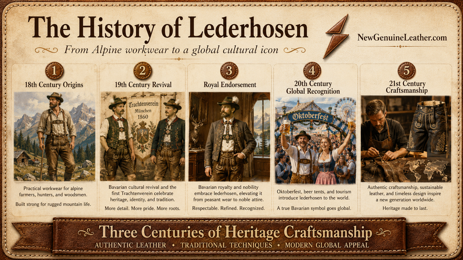 Timeline infographic showing the history of lederhosen from Alpine workwear to Oktoberfest and modern craftsmanship