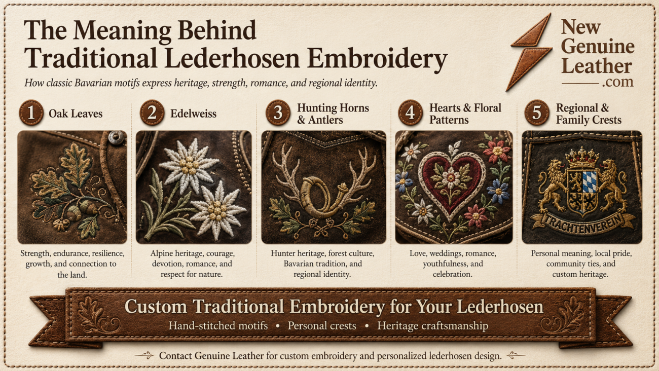 Traditional lederhosen embroidery motifs showing oak leaves, edelweiss, hunting horns, hearts, floral patterns, and family crests
