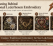 Traditional lederhosen embroidery motifs showing oak leaves, edelweiss, hunting horns, hearts, floral patterns, and family crests