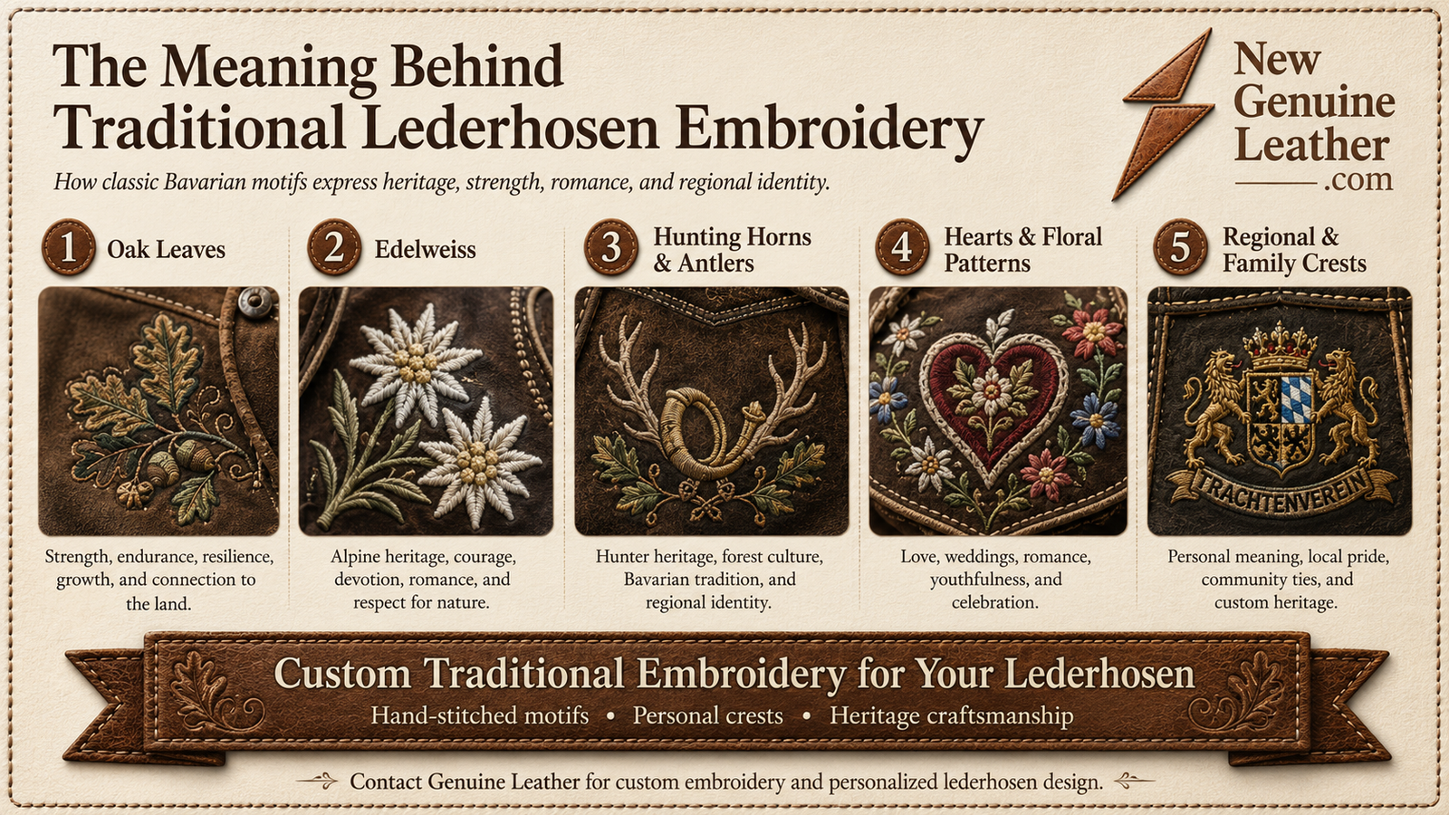 Traditional lederhosen embroidery motifs showing oak leaves, edelweiss, hunting horns, hearts, floral patterns, and family crests