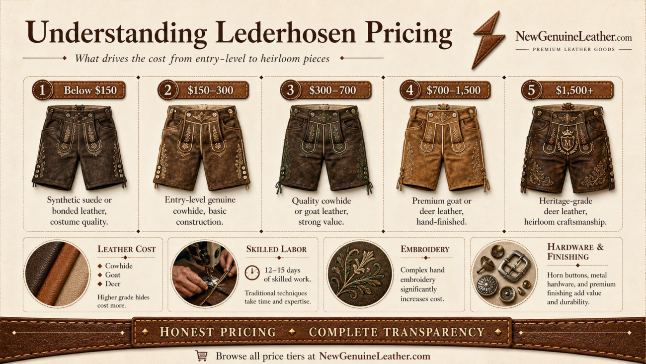 Infographic showing lederhosen pricing tiers based on leather type, labor, embroidery, and finishing