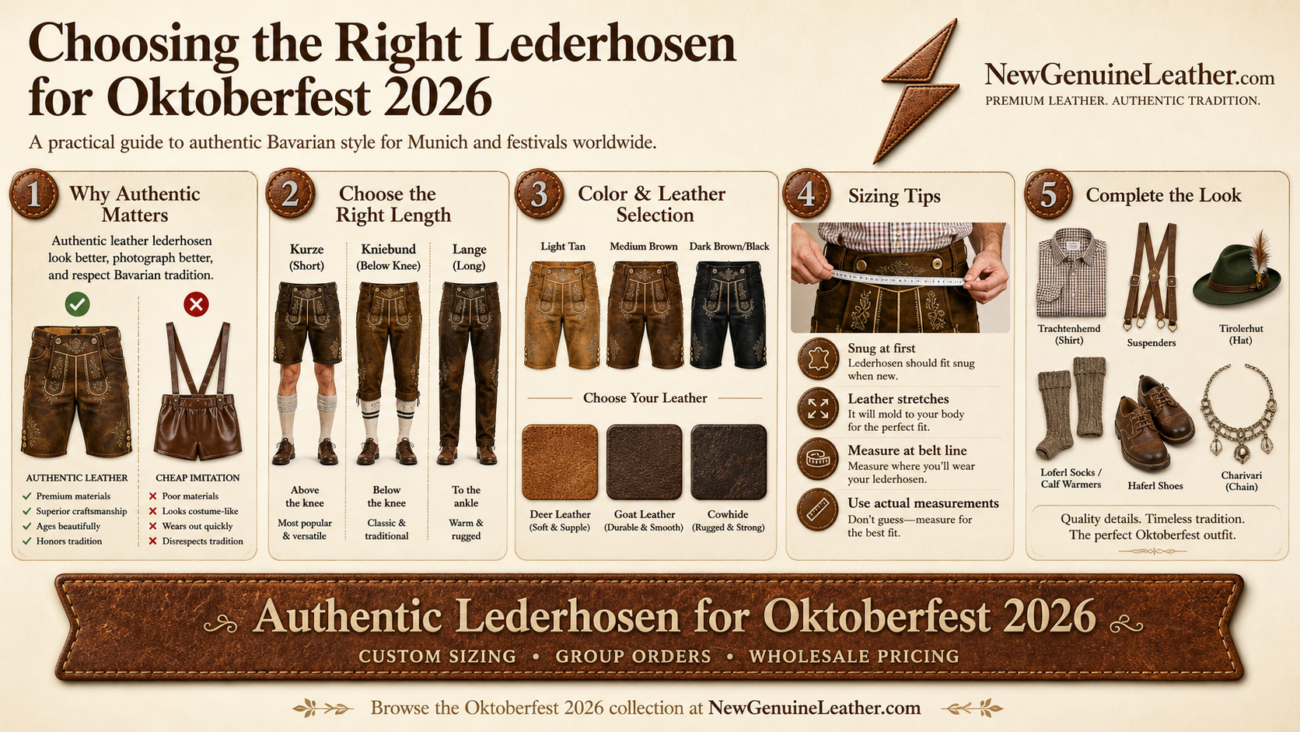 Oktoberfest 2026 lederhosen guide showing authentic leather, length, color, sizing, and accessories