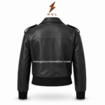 Black cropped leather jacket front view with asymmetric zipper, lapel collar, shoulder epaulettes and NGL