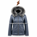 Blue fur hood jacket front view with grey black faux fur trim, silver zipper, black lining and NGL