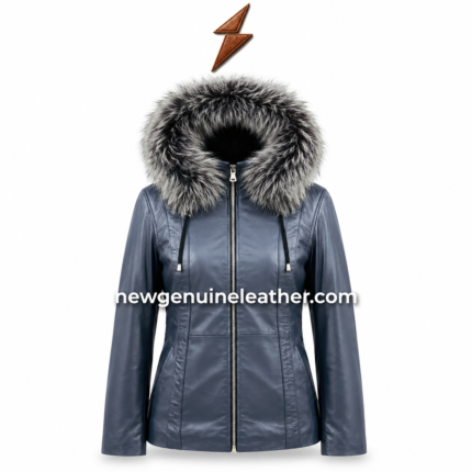 Blue fur hood jacket front view with grey black faux fur trim, silver zipper, black lining and NGL
