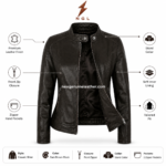 Dark brown stand collar leather jacket wholesale front view with snap collar, center zipper and NGL