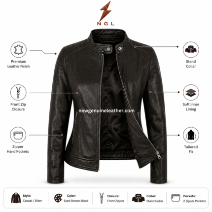 Dark brown stand collar leather jacket wholesale front view with snap collar, center zipper and NGL