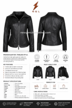 Women’s black leather jacket wholesale product image showing zip pockets, open collar and smooth leather texture