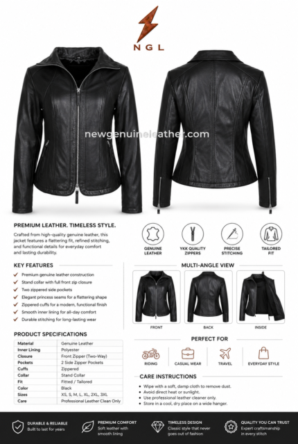 Women’s black leather jacket wholesale product image showing zip pockets, open collar and smooth leather texture