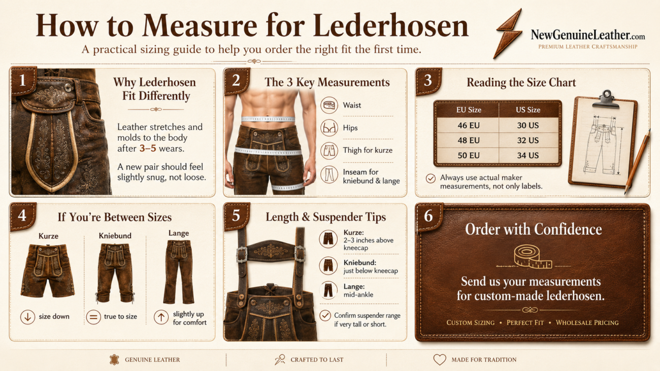 Lederhosen sizing guide showing waist, hips, thigh, inseam, size chart, and custom measurement tips