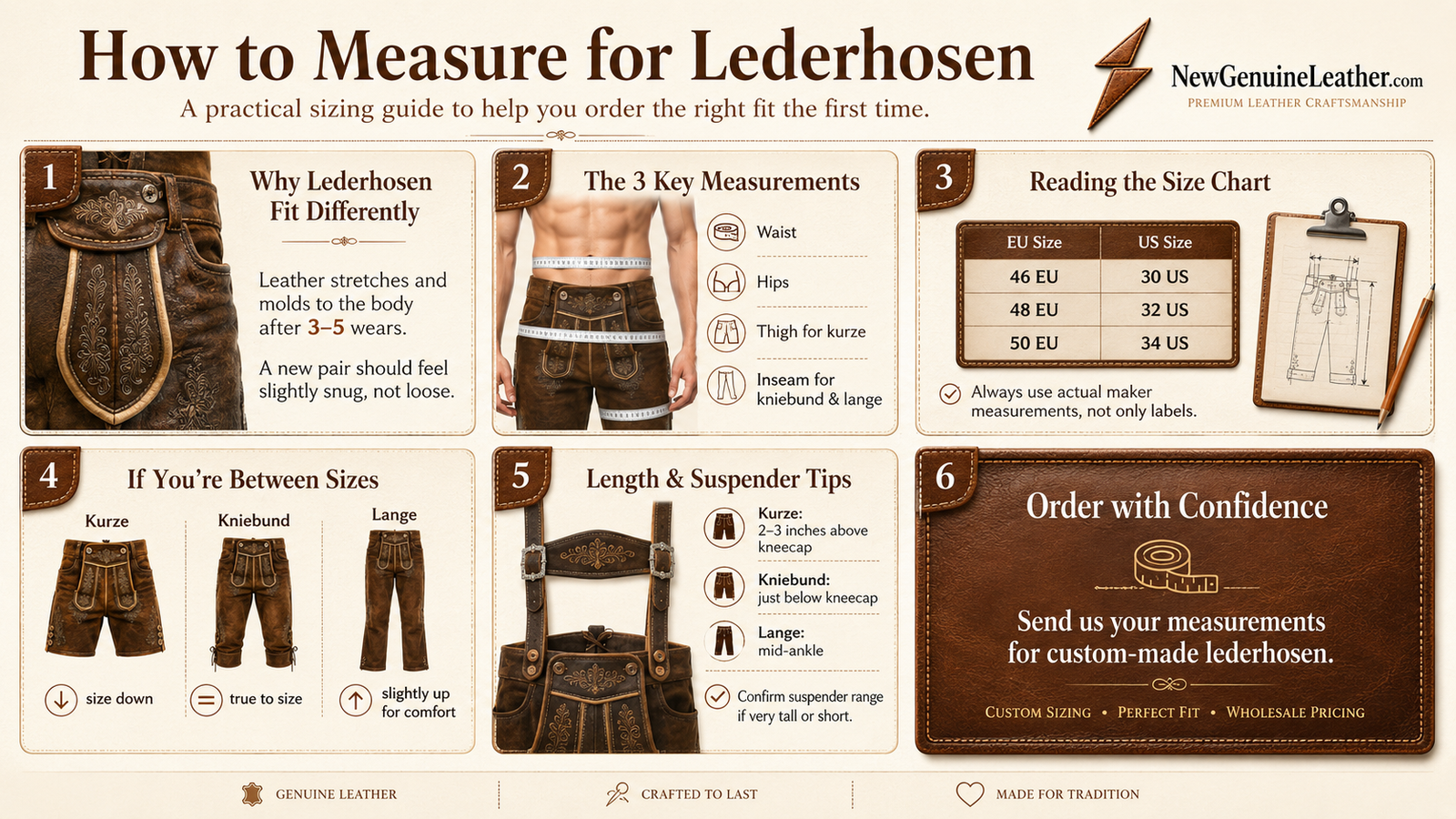 Lederhosen sizing guide showing waist, hips, thigh, inseam, size chart, and custom measurement tips