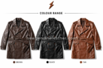 Belted leather trench coat colour range in dark brown, black, and tan with glossy finish, front belt, and NGL