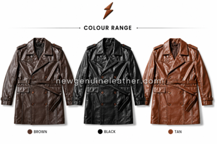 Belted leather trench coat colour range in dark brown, black, and tan with glossy finish, front belt, and NGL