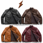 Quilted leather racing jacket colour range in black, brown, tan, and burgundy with quilted shoulders, open lining, and NGL