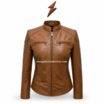 Cognac racer jacket front view with stand collar, quilted shoulder panels, two chest zipper pockets and NGL