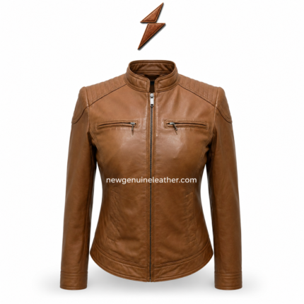 Cognac racer jacket front view with stand collar, quilted shoulder panels, two chest zipper pockets and NGL