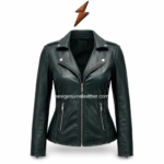 Custom biker leather jacket front view in deep green-black leather with asymmetrical zipper, lapel collar and silver snap buttons