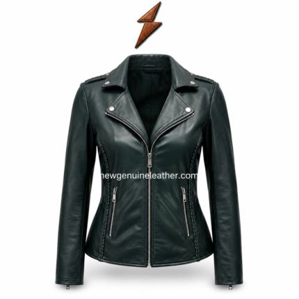 Custom biker leather jacket front view in deep green-black leather with asymmetrical zipper, lapel collar and silver snap buttons