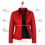 Red leather biker jacket front view with stand collar, chest flap pockets, side zipper pockets and NGL logo placement