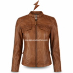 Tan buckle leather jacket front view with stand collar buckle, chest flap pockets, quilted shoulders and NGL
