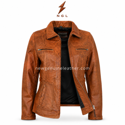 Leather Jacket Wholesale Vintage cognac leather jacket wholesale front view with 4 pockets, turn-down collar, center zipper and NGL