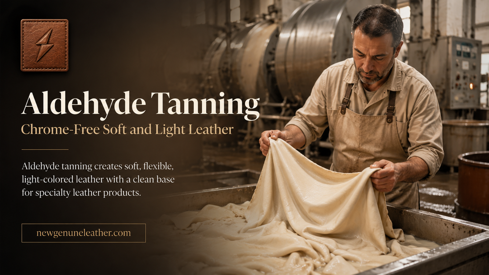 Aldehyde-tanned leather hides being processed to create soft, light-colored, chrome-free leather at newgenuneleather.com