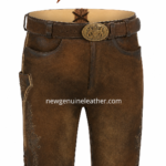 Distressed brown lederhosen shorts with antique buckle belt and NGL