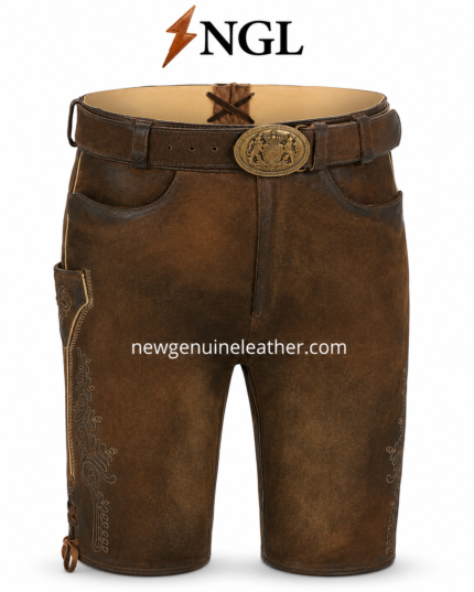 Distressed brown lederhosen shorts with antique buckle belt and NGL