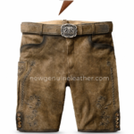 Antique tan leather lederhosen shorts with front belt buckle and embroidered leg panels