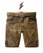 Antique tan leather lederhosen shorts with front belt buckle and embroidered leg panels