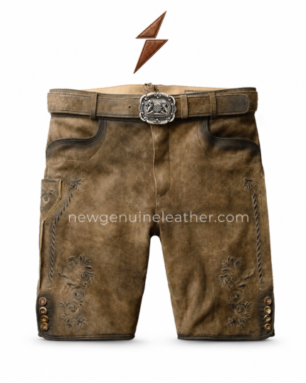 Antique tan leather lederhosen shorts with front belt buckle and embroidered leg panels